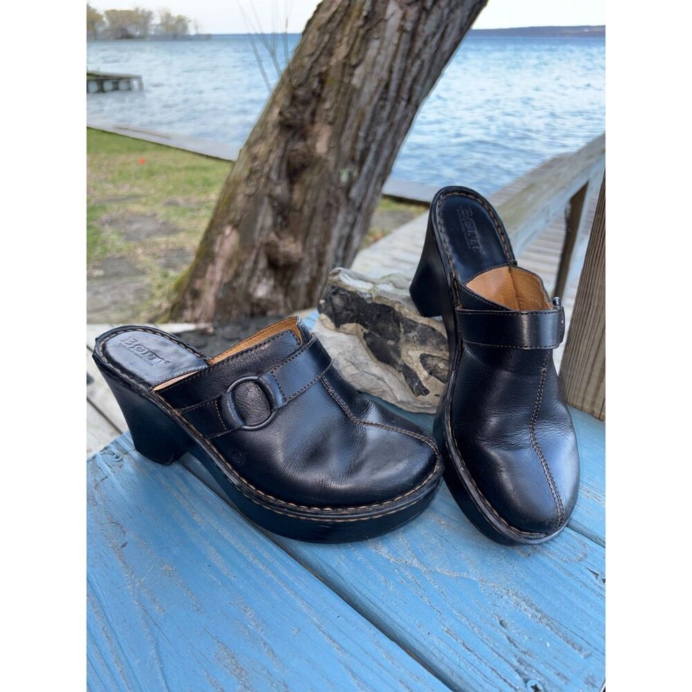 Børn Black Leather O-Ring Clog Mules 3.5" Heel Size 7 - Picture 2 of 11